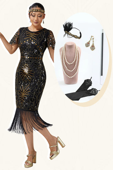 Black Golden Bodycon Fringed Sequin 1920s Dress With 5-Piece Accessories Set